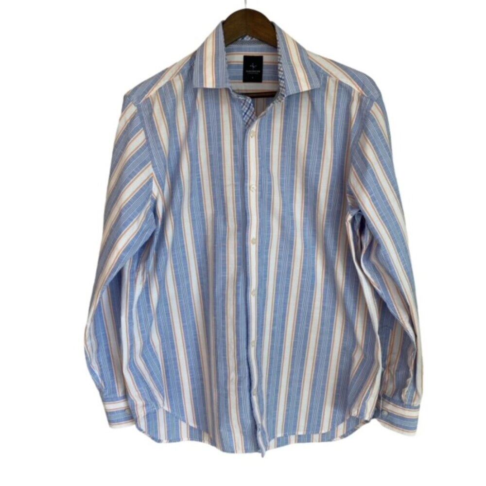 Tailorbyrd Blue, White and Orange Striped Dress Shirt - Large